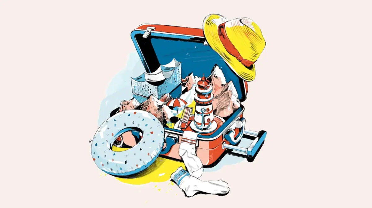 Koffer mit Mitbringseln Cartoonhafte Zeichnung eines Koffers voller Gegenstände.