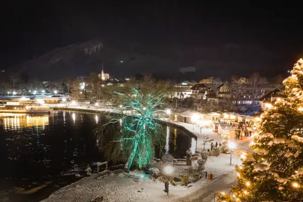 Weihnachtsbaum mit Lichtern in einer Stadt bei Nacht