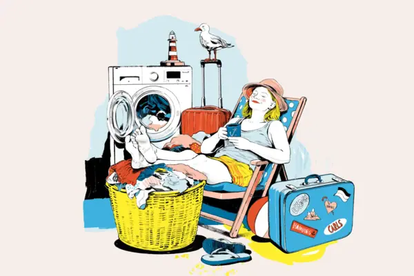 Was vom Urlaub bleibt Illustration einer Frau auf einem Liegestuhl vor einem Haufen Wäsche