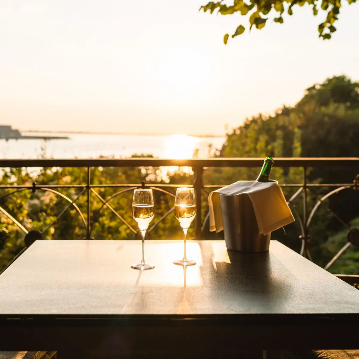 Lindenterrasse Ein Tisch mit Weingläsern auf der und einem Weinkühler darauf auf der Lindenterrasse in Hamburg mit Elbblick.