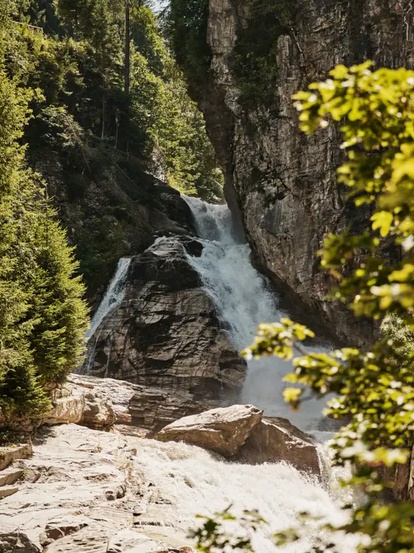 Wasserfall Ein Wasserfall in einem Wald.
