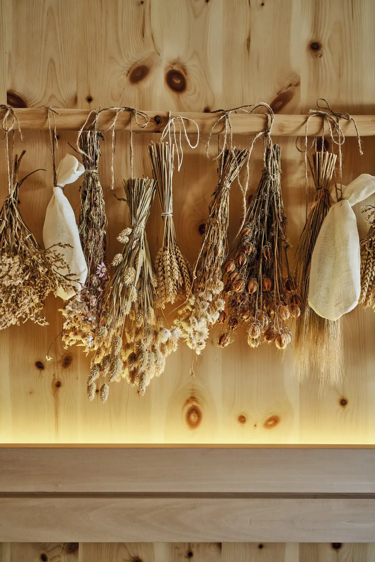 Sauna Kräuter Getrocknete Blumen an einer Wand