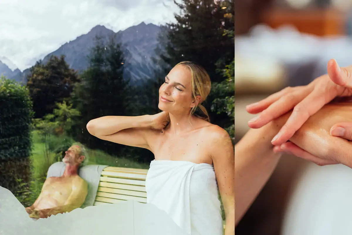Wellness im Kleinwalsertal Eine Collage von einem Mann und einer Frau in einer Sauna und einer Spa-Anwendung.