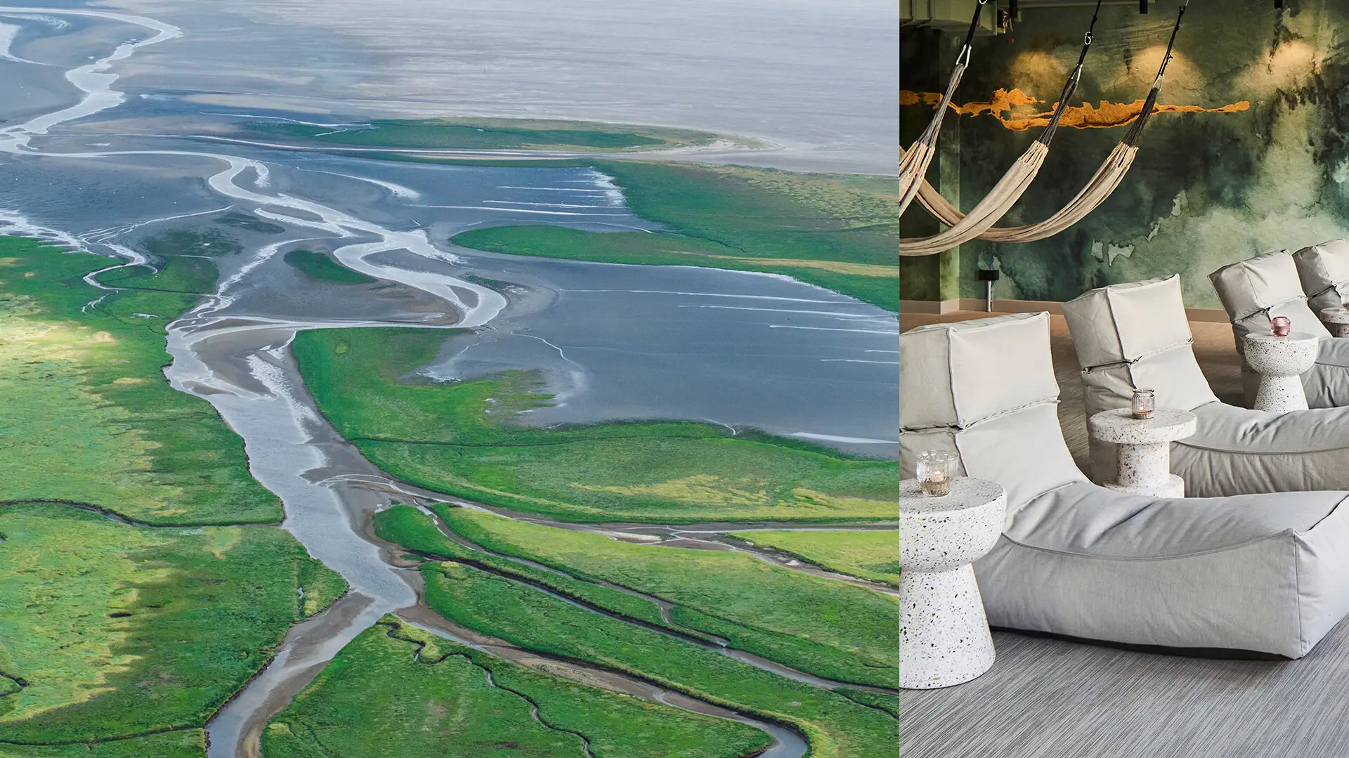 Wellness St. Peter-Ording Collage von einem Strand und eines Spa-Bereichs mit Sesseln.
