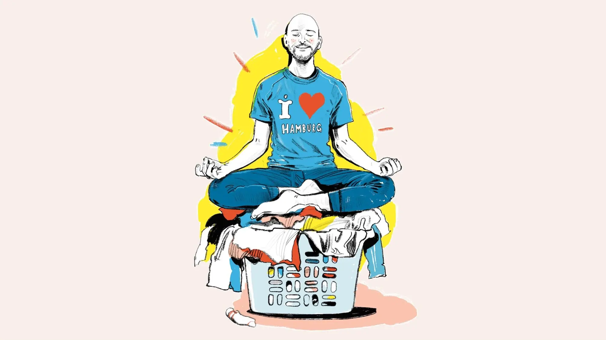 Yogi auf Wäschekorb Ein Mann sitzt auf einem Wäschekorb, während Kleidung in der Luft schwebt.