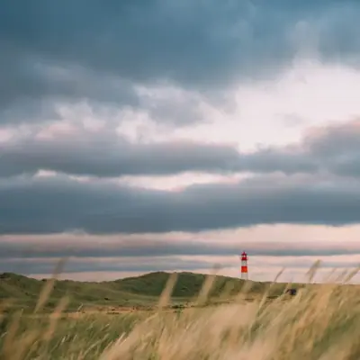 Leuchtturm Sylt Ein Leuchtturm in einer Dünenlandschaft bei bedecktem Himmel